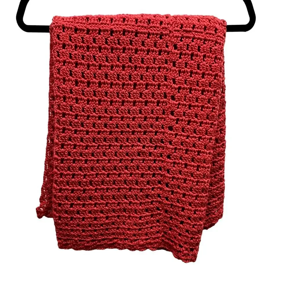 Handmade‎ Red Open Weave Blanket, Throw 34